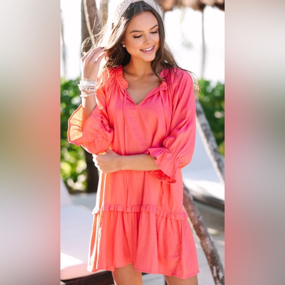 Coral + Melon Linen Ruffle Babydoll Dress | 3/4 Sleeves | Large | New - Picture 2 of 6